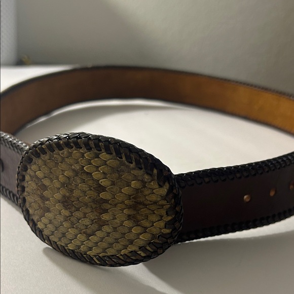 Western Snake Print Brown Leather Belt with Woven Design - Picture 2 of 8
